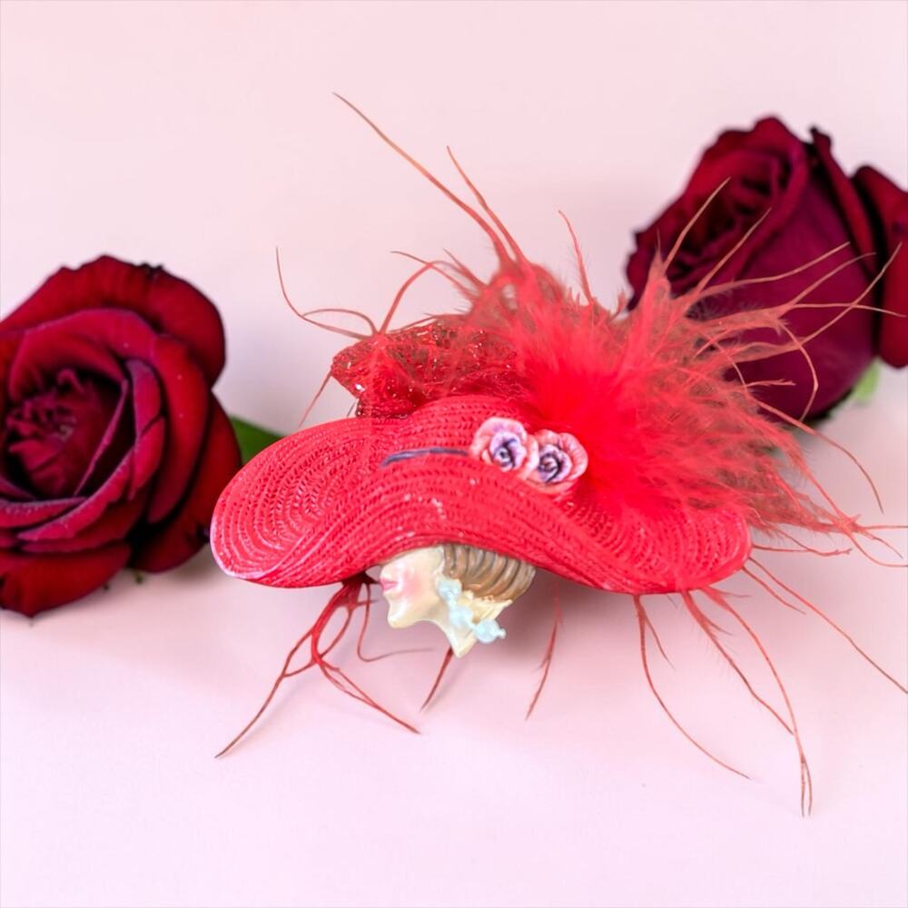 Vintage Red Hat Lady Brooch Feather Hat Figural Woman Pin Statement Jewelry